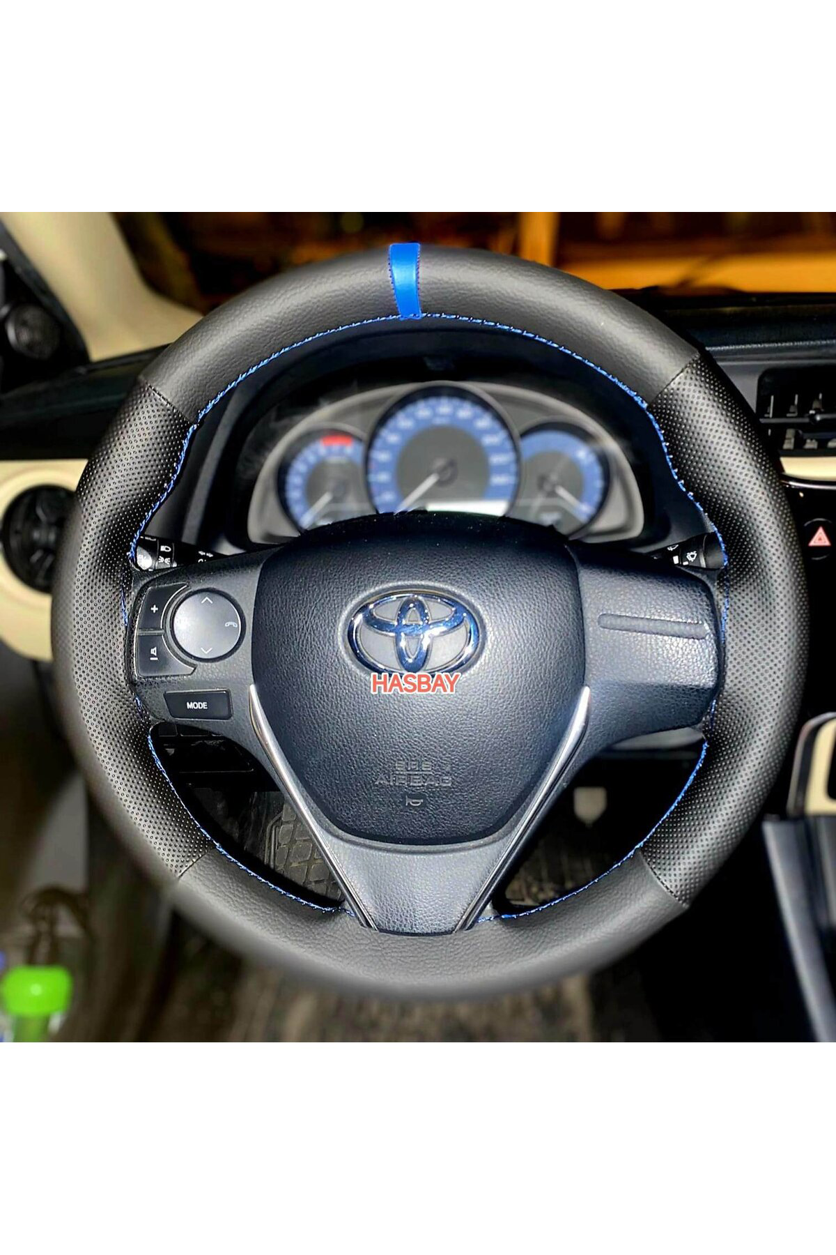 DİKİŞLİ DİREKSİYON KILIFI NOKTA SİYAH DERİ MAVİ YÜZÜK / DİKİŞ TOYOTA COROLLA 2002-2026 ARASI