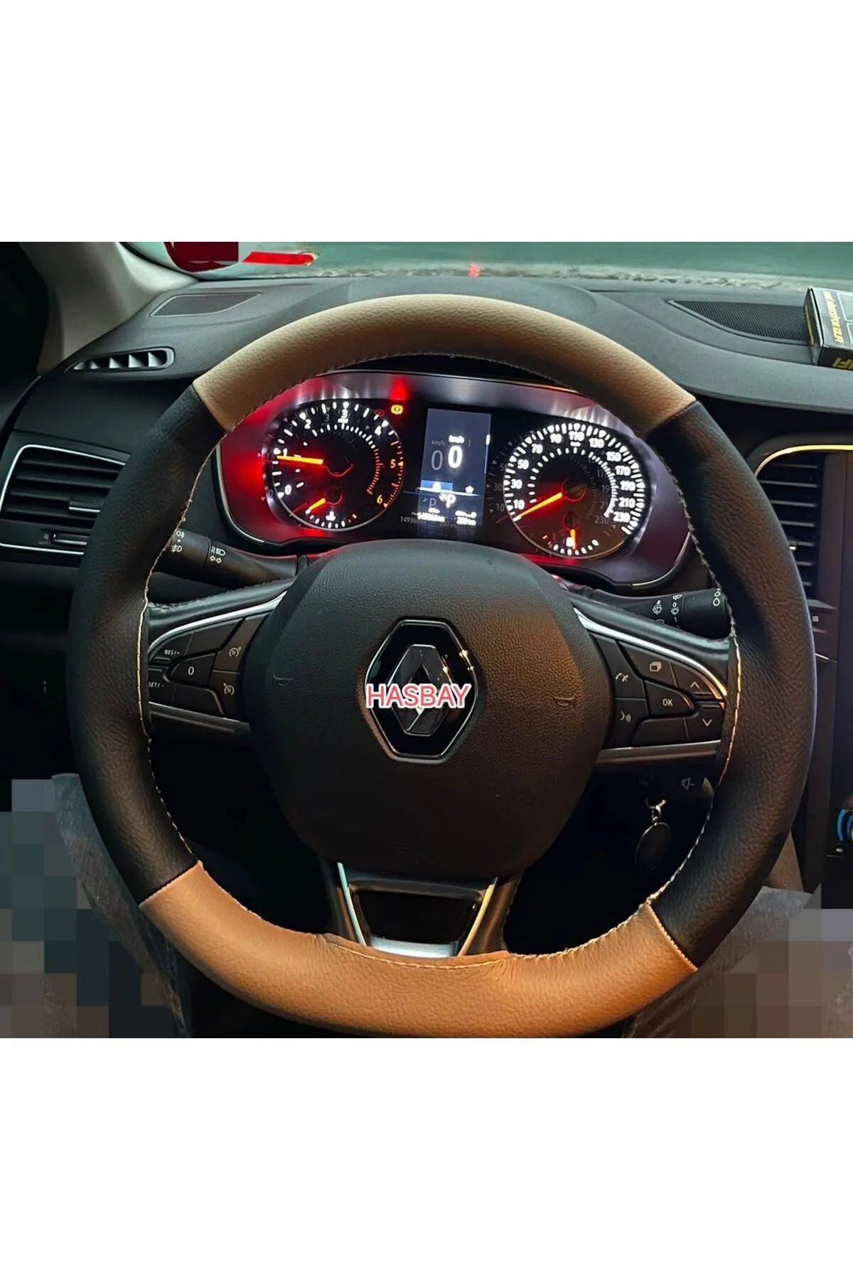 DİKİŞLİ DİREKSİYON KILIFI TABA / SİYAH DERİ BEJ DİKİŞ RENO MEGANE