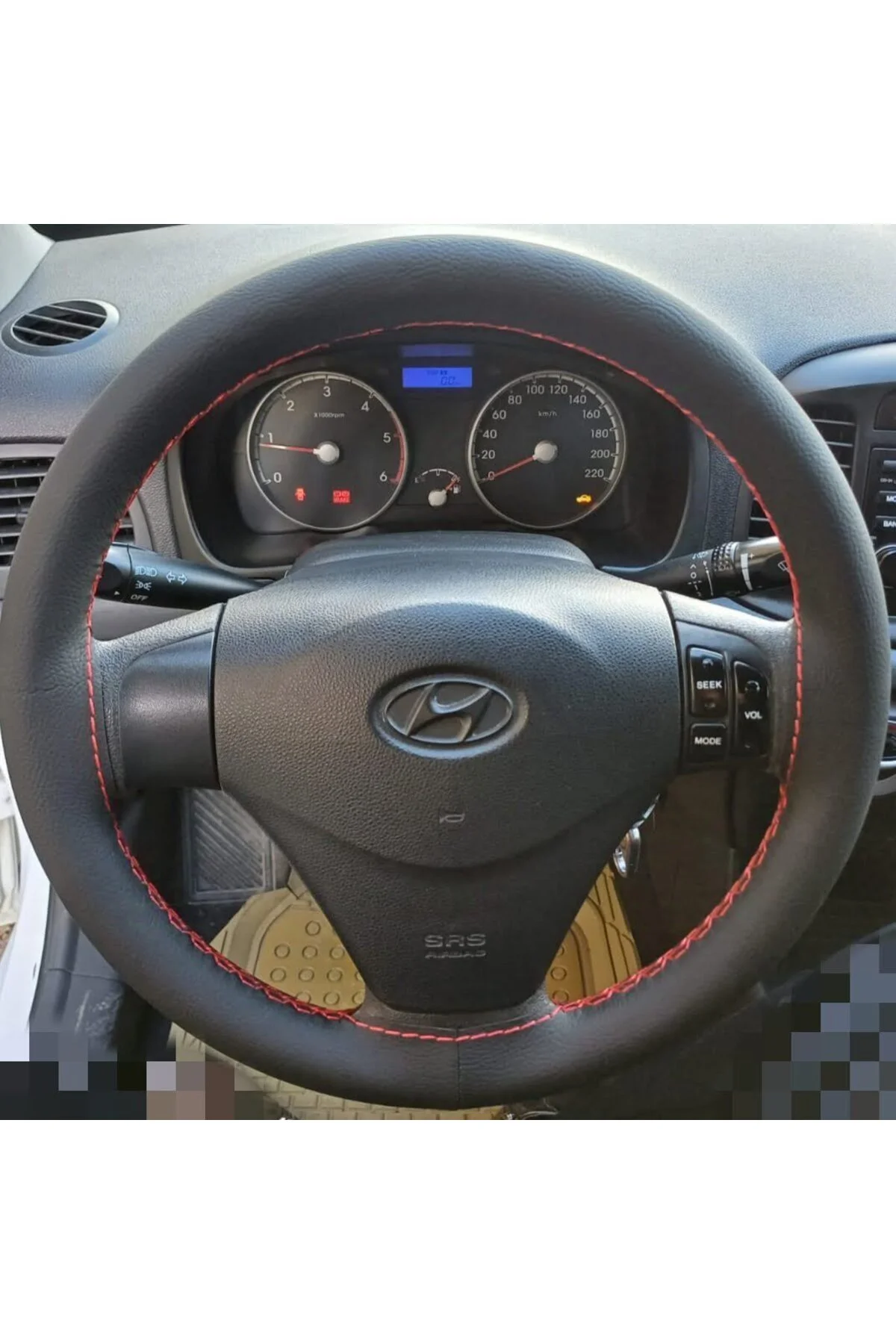 DİKİŞLİ DİREKSİYON KILIFI SİYAH DAMARLI DERİ KIRMIZI DİKİŞLİ HYUNDAİ ACCENT ERA İÇİN