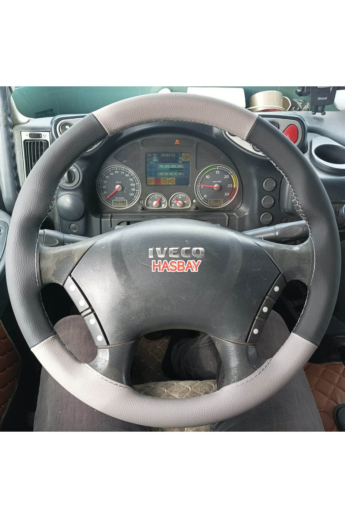 DİKİŞLİ DİREKSİYON KILIFI GRİ / SİYAH DERİ GRİ DİKİŞ IVECO TIR KA