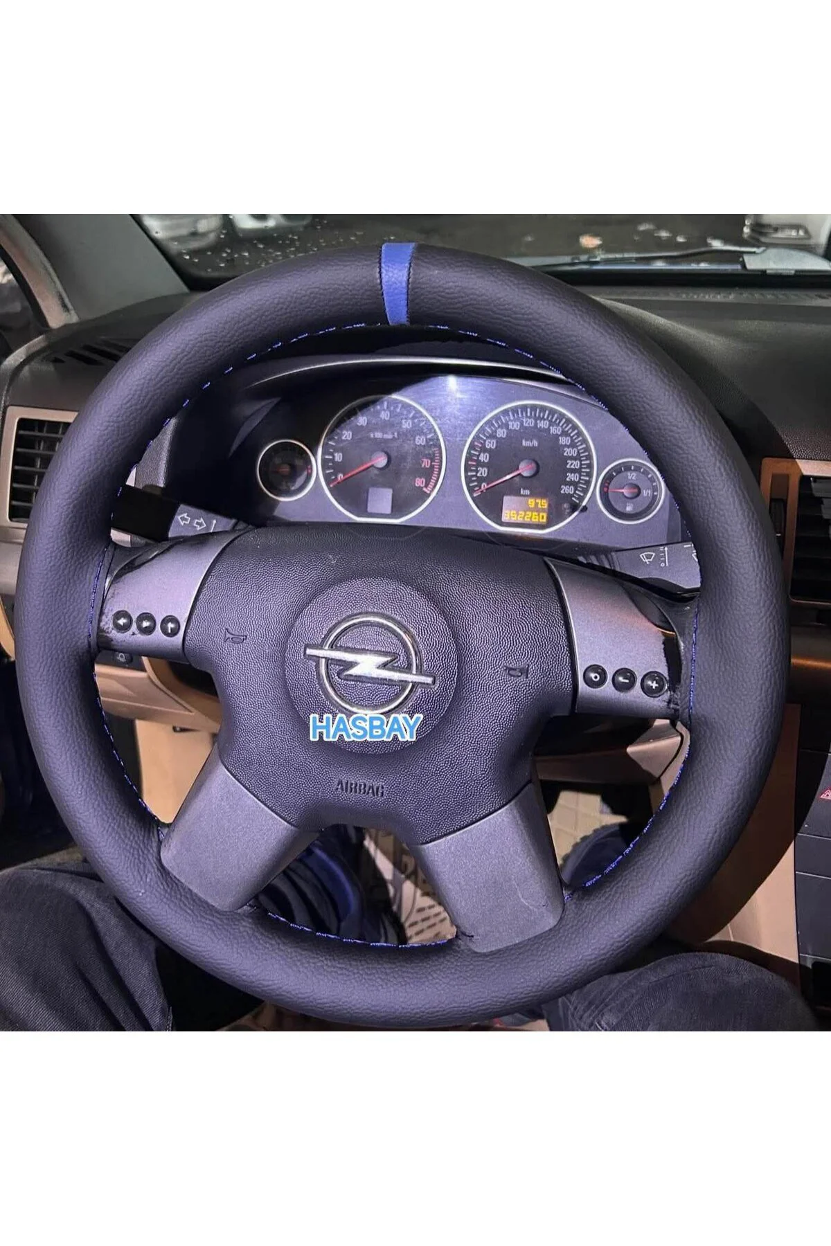 DİKİŞLİ DİREKSİYON KILIFI SİYAH DERİ MAVİ YÜZÜK MAVİ DİKİŞLİ OPEL VECTRA C ASTRA İÇİN