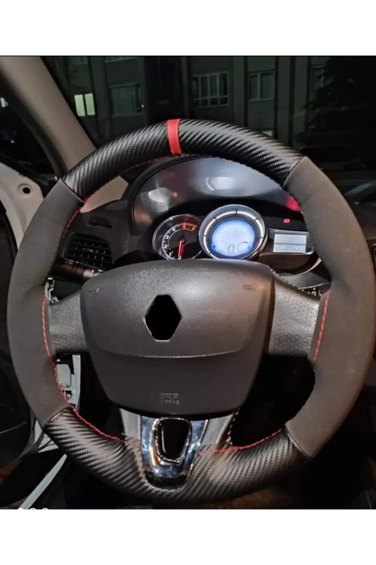 Dikişli Direksiyon Kılıfı Karbon Nubuk Kırmızı Yüzük Kırmızı Dikiş Renault Fluence İçin