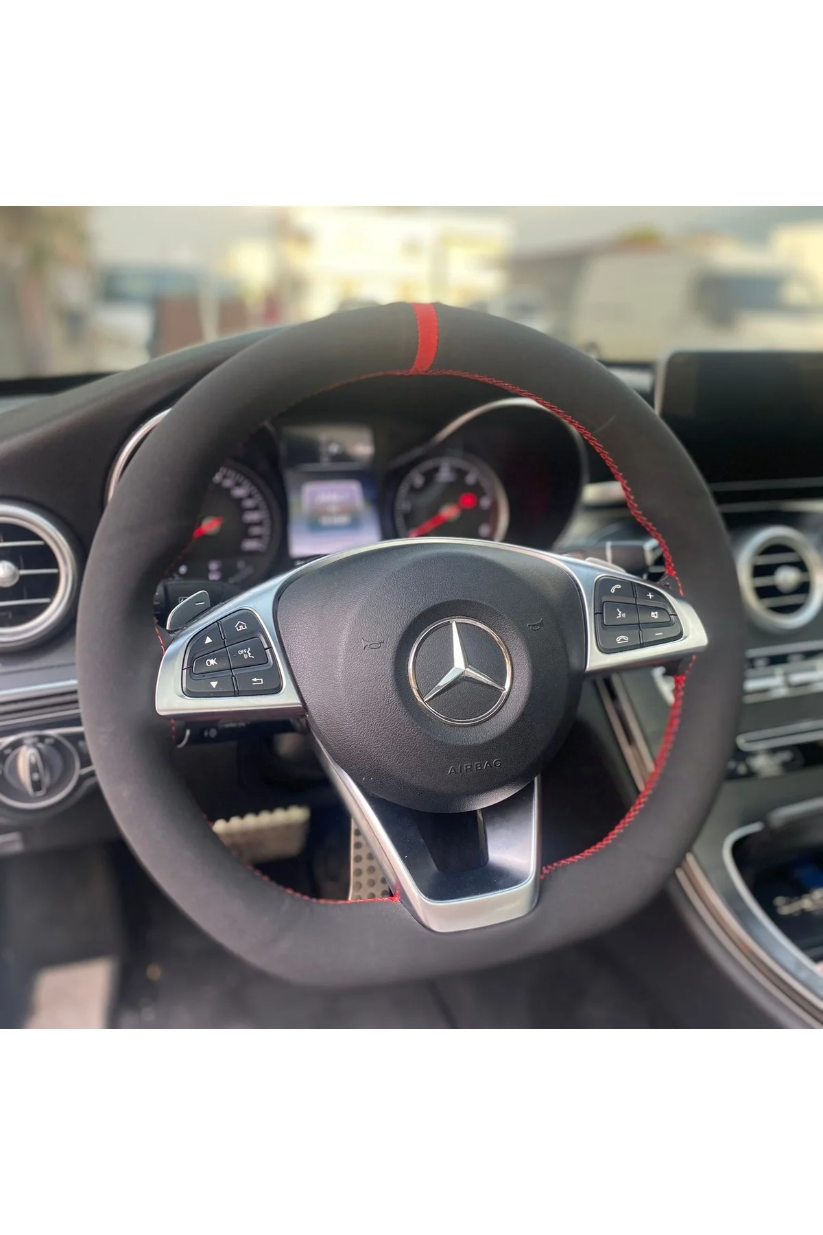 DİKİŞLİ DİREKSİYON KILIFI NUBUK  DERİ KIRMIZI YÜZÜK/DİKİŞ MERCEDES  İÇİN