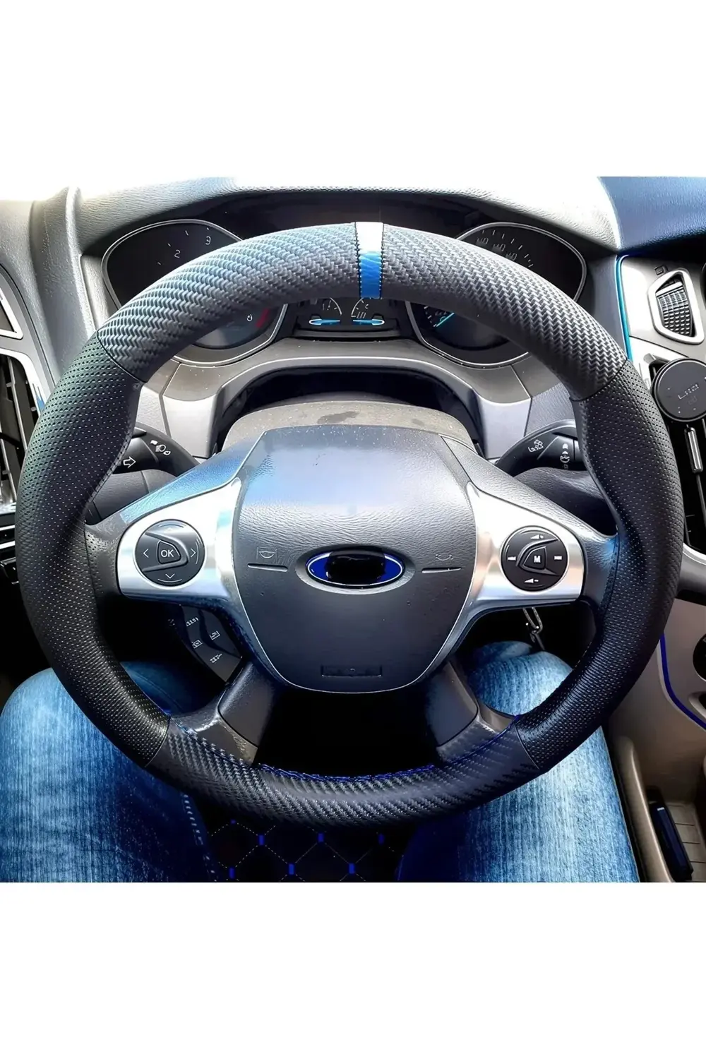 DİKİŞLİ DİREKSİYON KILIFI KARBON DERİ NOKTA DERİ MAVİ YÜZÜK MAVİ