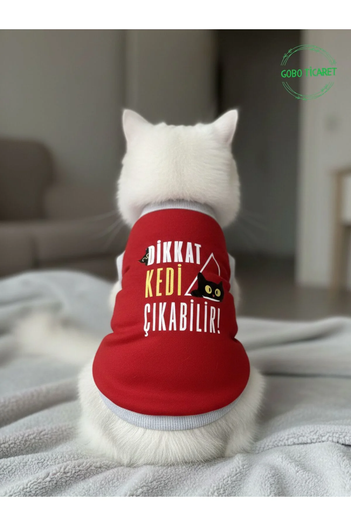 Dikkat Kedi Çıkabilir ! Yazılı Kırmızı Kedi ve Köpek Kıyafeti Elb