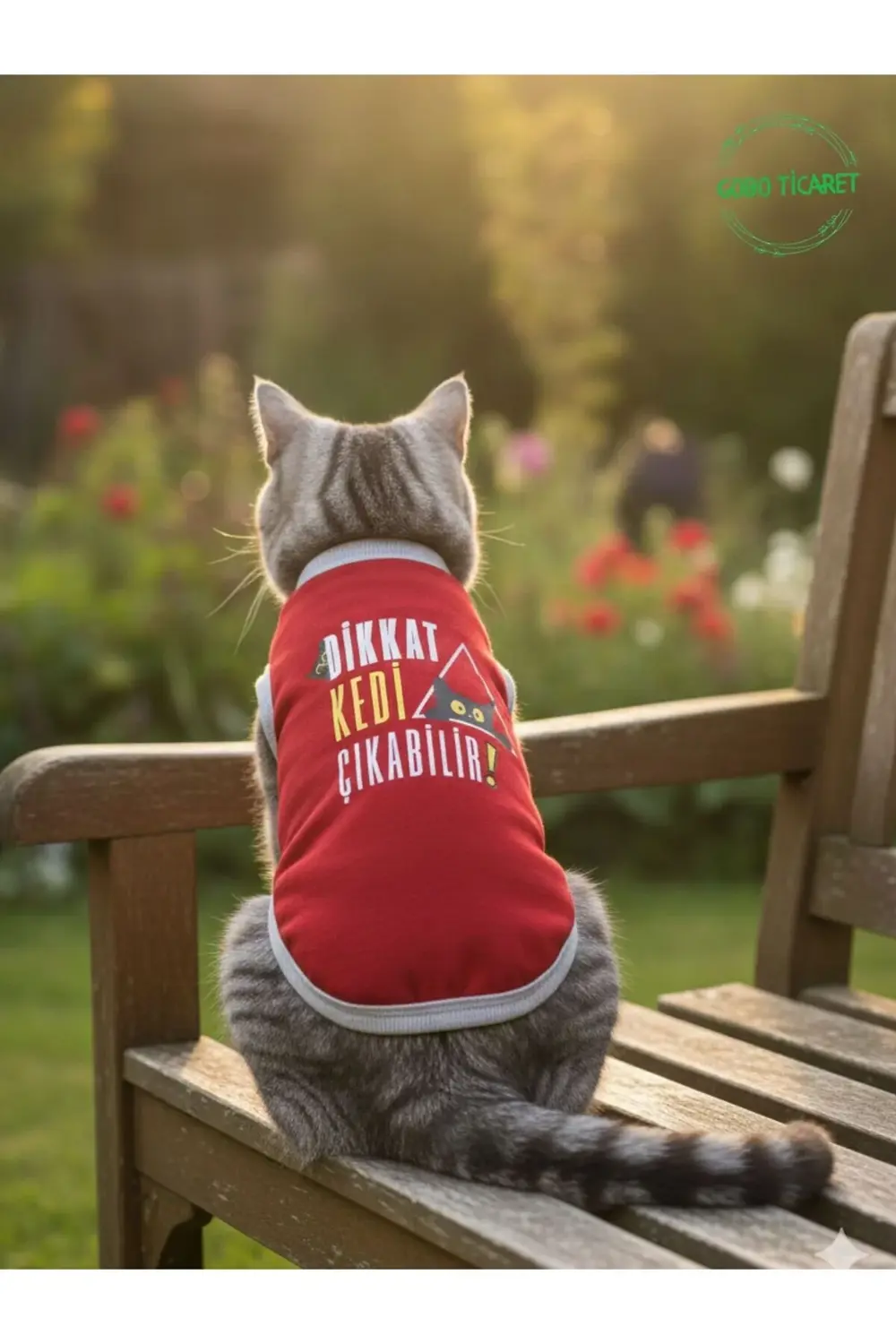 Dikkat Kedi Çıkabilir Baskılı Kırmızı Kedi ve Köpek Kıyafeti Elbi