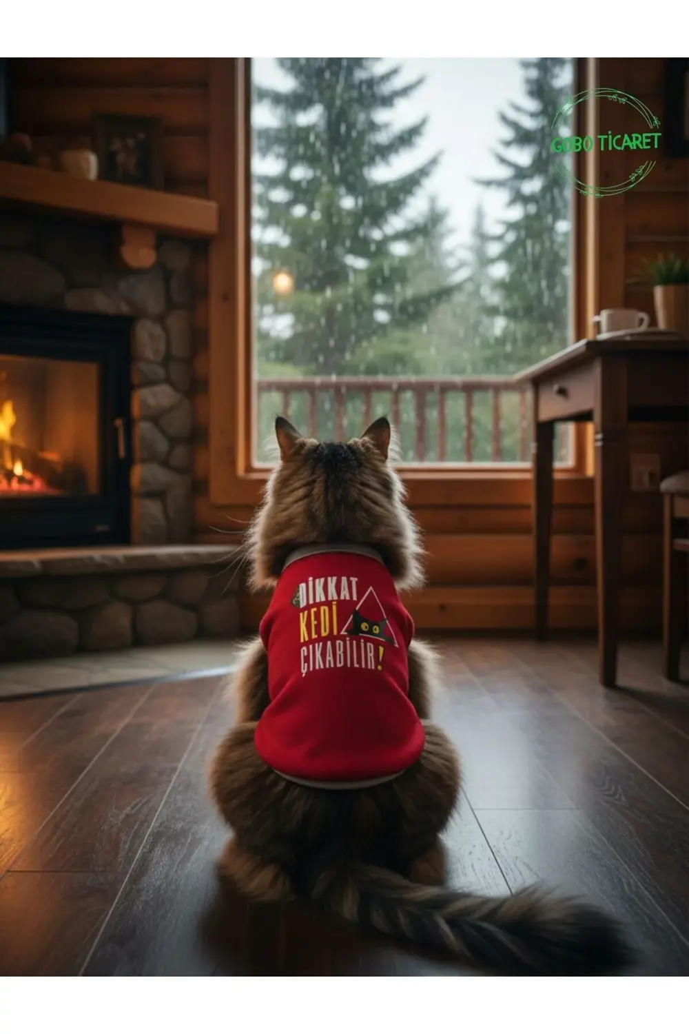 Dikkat Kedi Çıkabilir Baskılı Kırmızı Kedi ve Köpek Kıyafeti Elbi