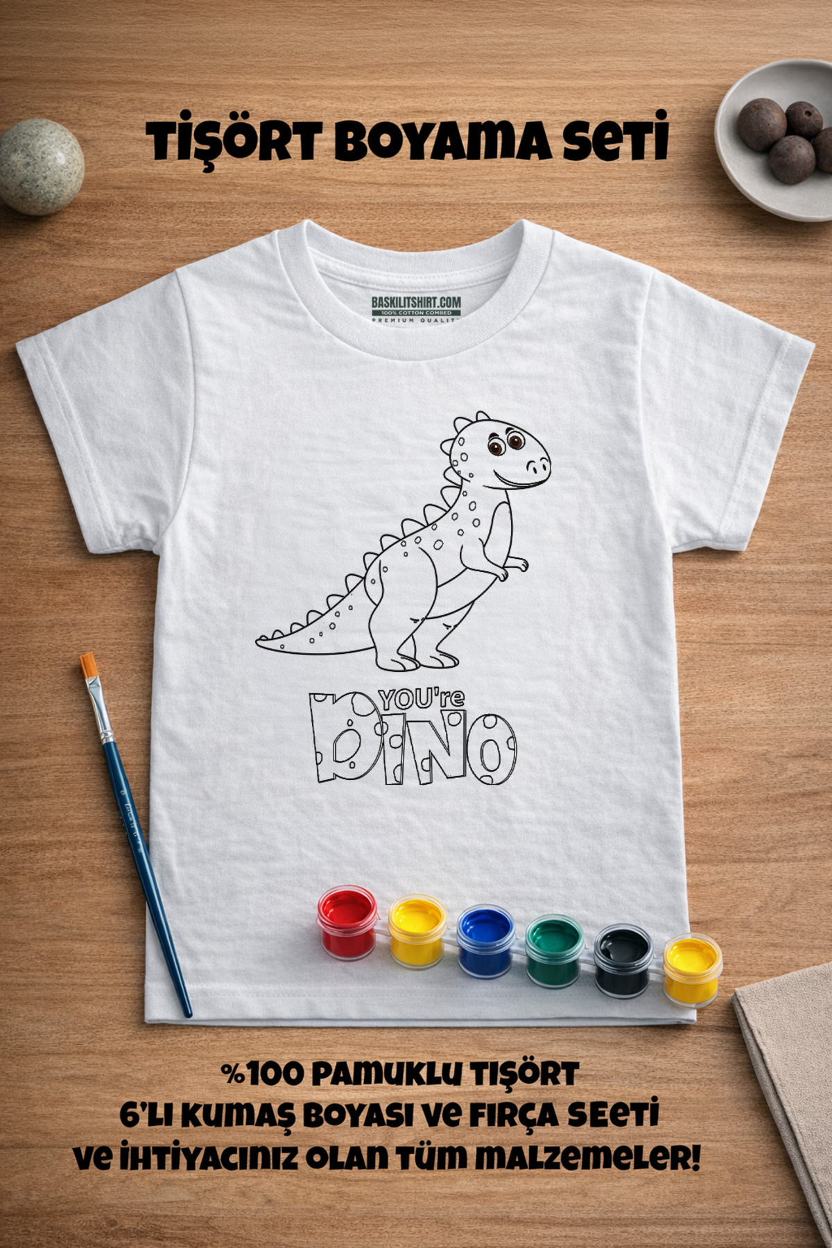 Dinazor Desenli Çocuklar Için Tişört Boyama Seti Full Set