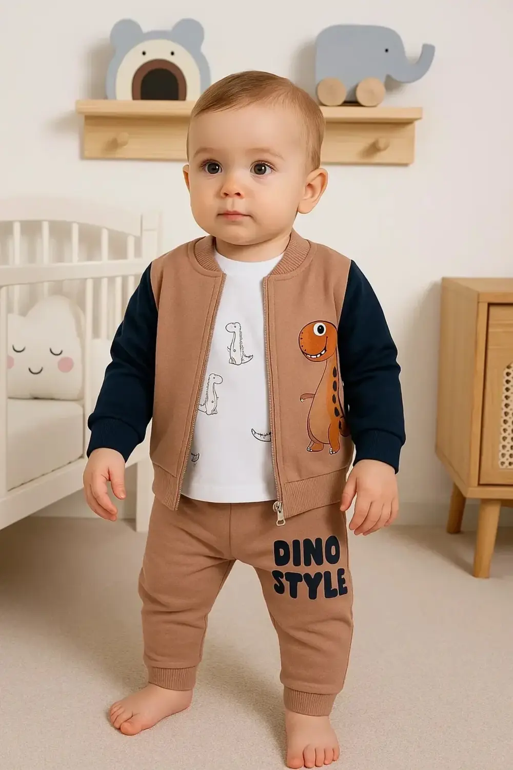 Dinazor Desenli Hırkalı 3'lü Erkek Bebek Takım