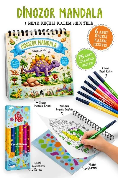 Dinozor Mandala - 6 Renk Keçeli Kalem ve 75 Adet Çıkartma Hediyeli 3+ Fiyatı, Yorumları ve Özellikleri