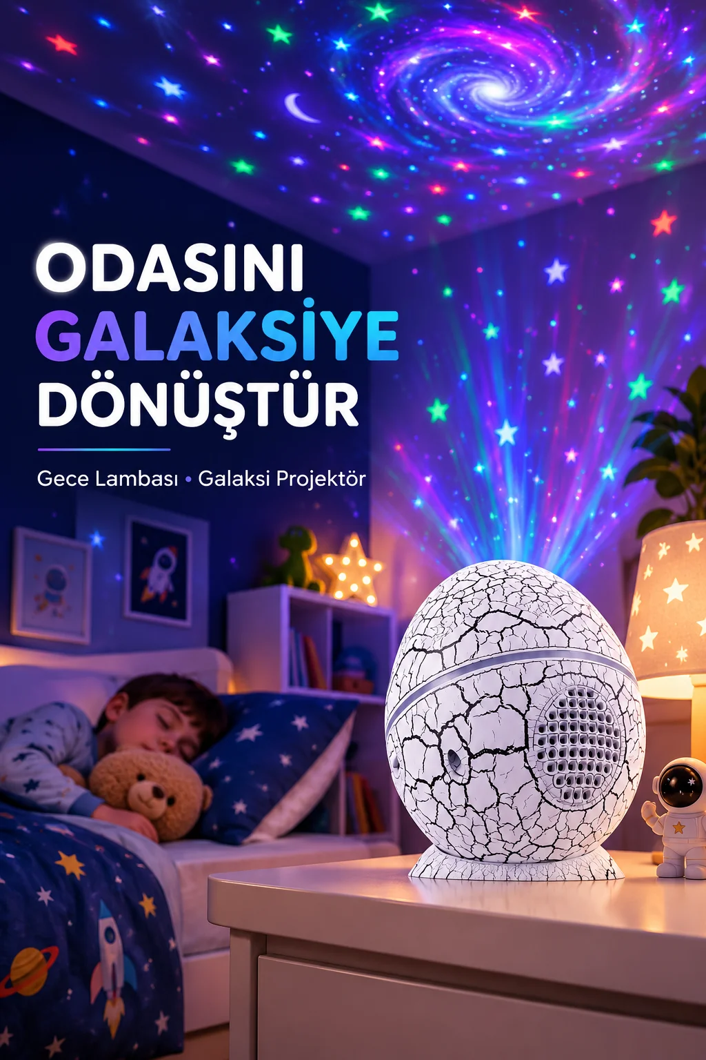 Dinozor Yumurtası Galaksi Projektör Gece Lambası 4'ü 1 Arada – Bluetooth Hoparlörlü
