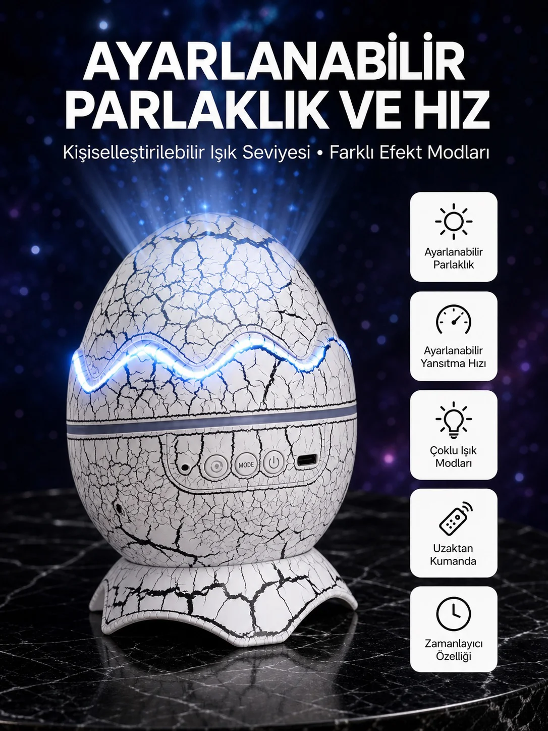 Dinozor Yumurtası Tasarımlı Projektörlü Gece Lambası