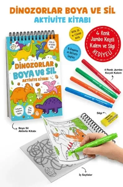 Dinozorlar - Boya ve Sil Aktivite Kitabı / 3 Yaş +