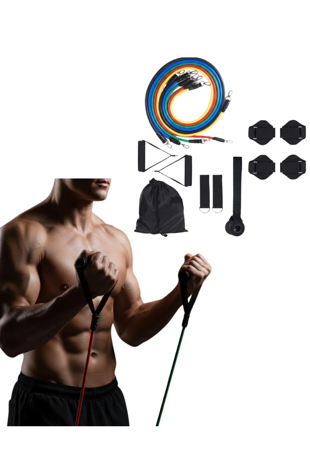 Direnç Seviyeli Pilates ve Fitness Egzersiz Bandı Seti Kapı Askıl