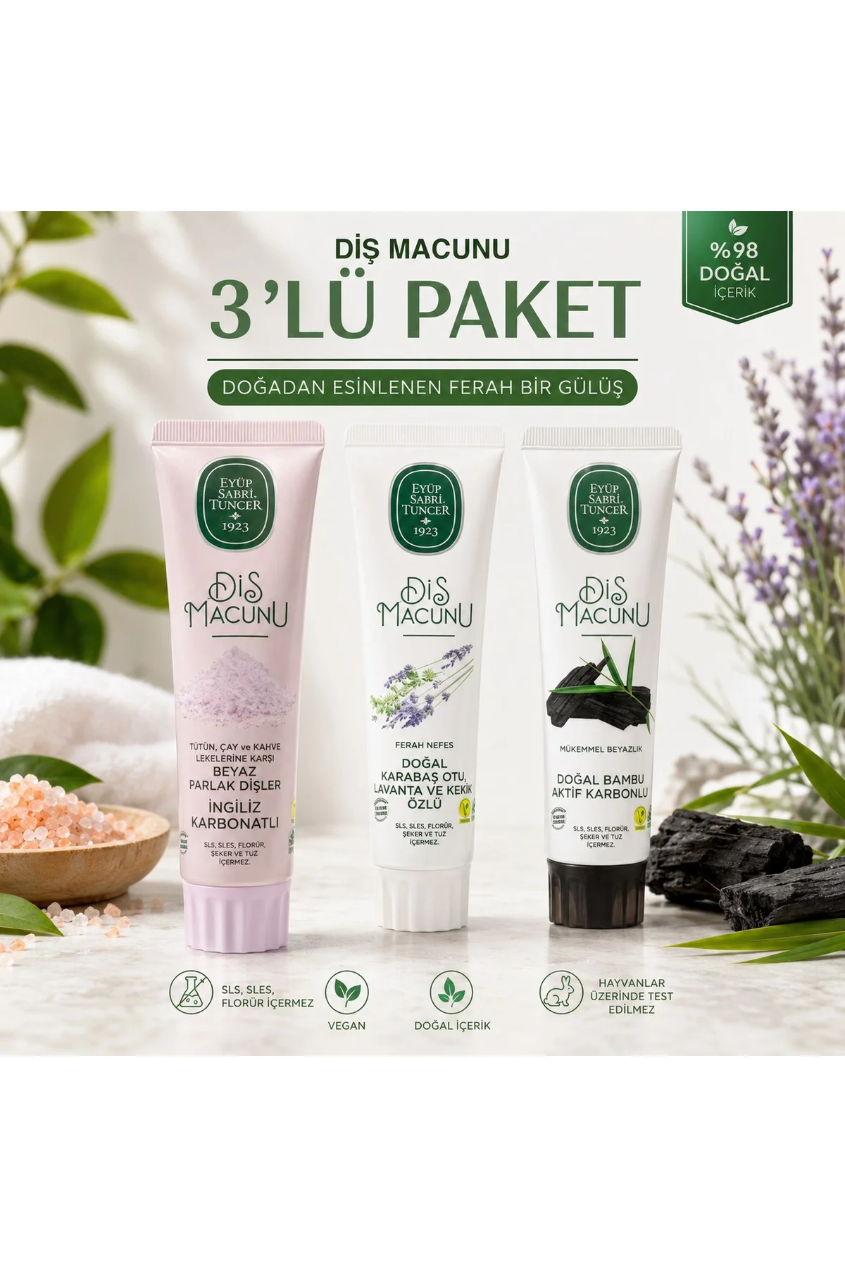 Diş Macunu 3'lü Paket İngiliz Karbonatlı + Karabaş Otu Lavanta Kekik Özlü + Bambu Aktif Karbonlu Diş Macunu 3'lü Paket İngiliz Karbonatlı + Karabaş Otu Lavanta Kekik Özlü + Bambu Aktif Karbonlu
