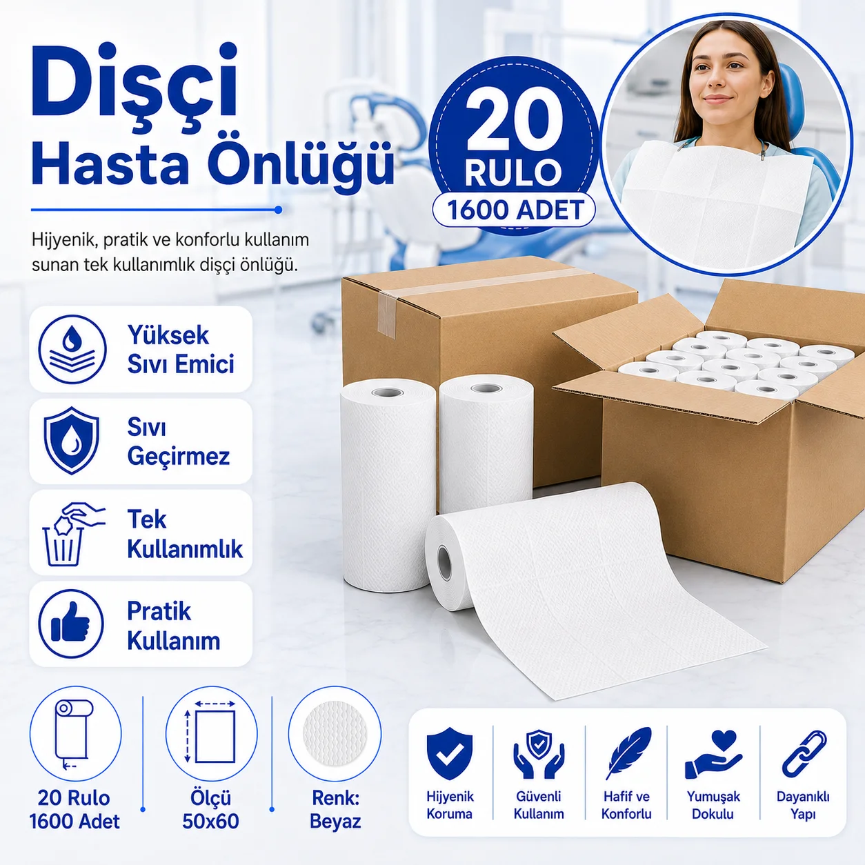 Dişçi Hasta Önlüğü - 20 Rulo 1600 Adet Beyaz 50x60 cm Sıvı Geçirmez Hasta Önlüğü Fiyatı, Yorumları ve Özellikleri
