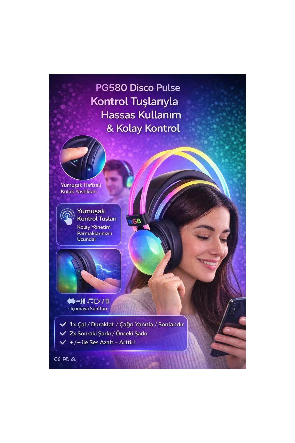 Disco Pulse PG580 Kablosuz Kulaklık, RGB LED Işıklı, Bluetooth V5