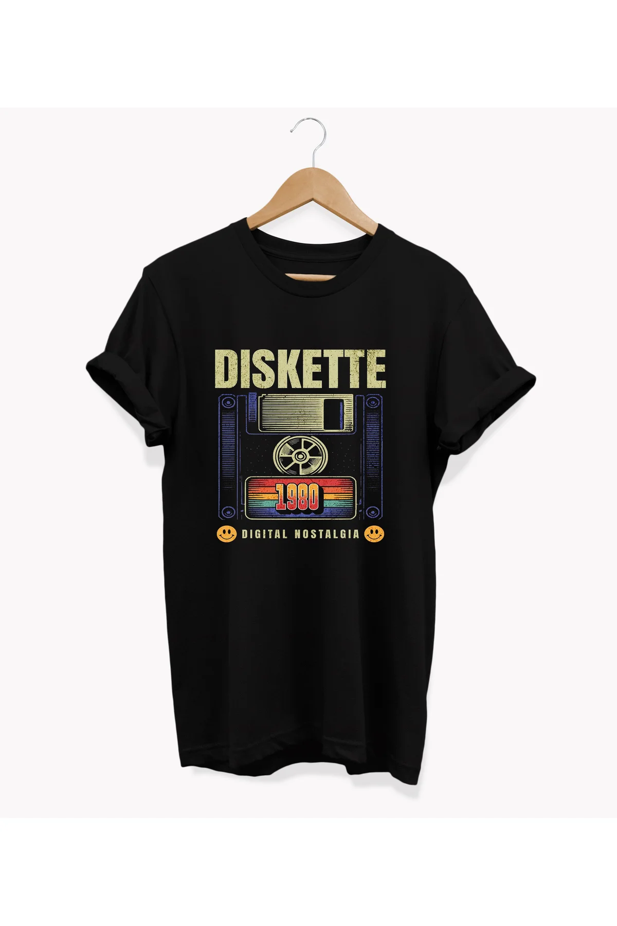 , Disket Baskılı, %100 Pamuk, Bisiklet Yaka, Oversize T-shirt, Bü