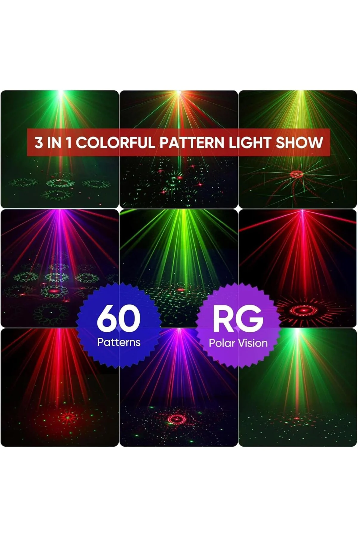 Disko Lazer Işığı - 60 Patern Işık Modlu Parti Işığı, Desenli Lazer Yansıtma, Otomatik Z