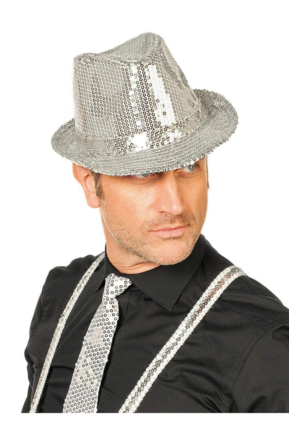 Disko Star Gümüş Payetli Fötr Şapka Yetişkin Boy - Görsel 2