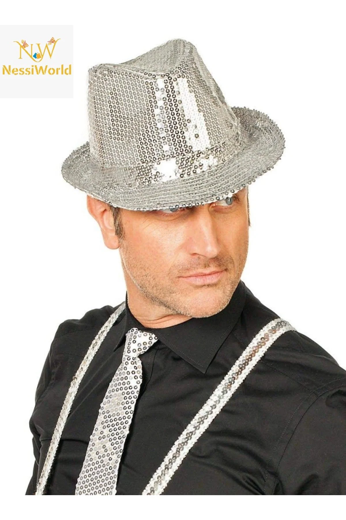 Disko Star Gümüş Payetli Fötr Şapka Yetişkin Boy