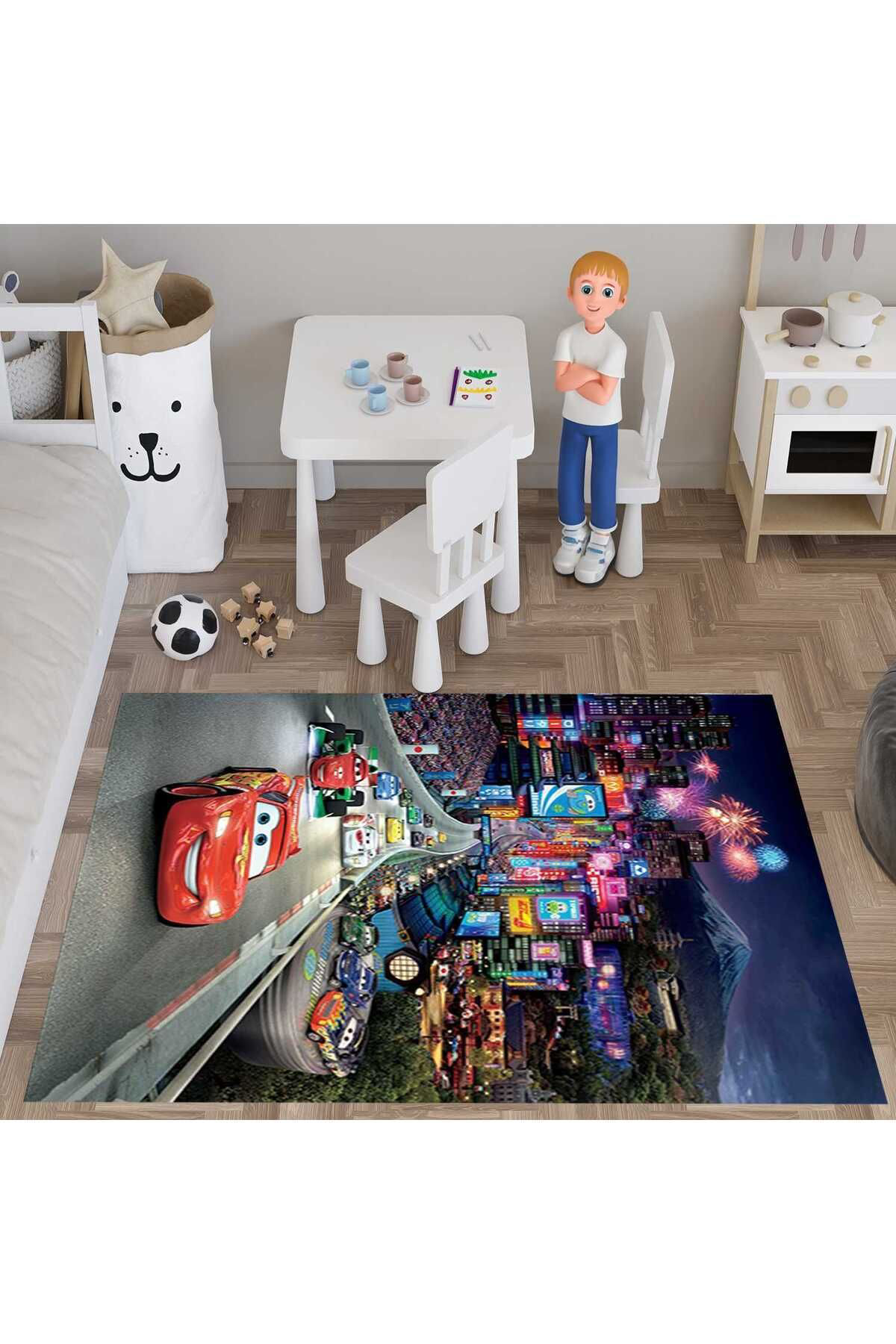 Evan Home Disney Yarişi Desenli  Dijital Baski Yikanabilir Kaymaz Taban Çocuk Odasi Halisi