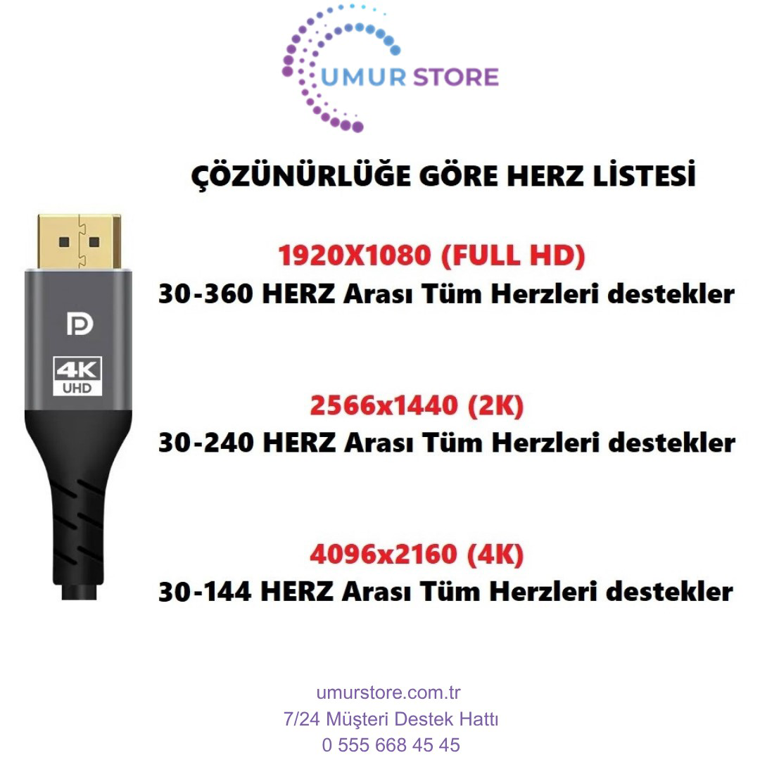Displayport Dp Kablo 4K Premium 360 Herze Kadar Destekli