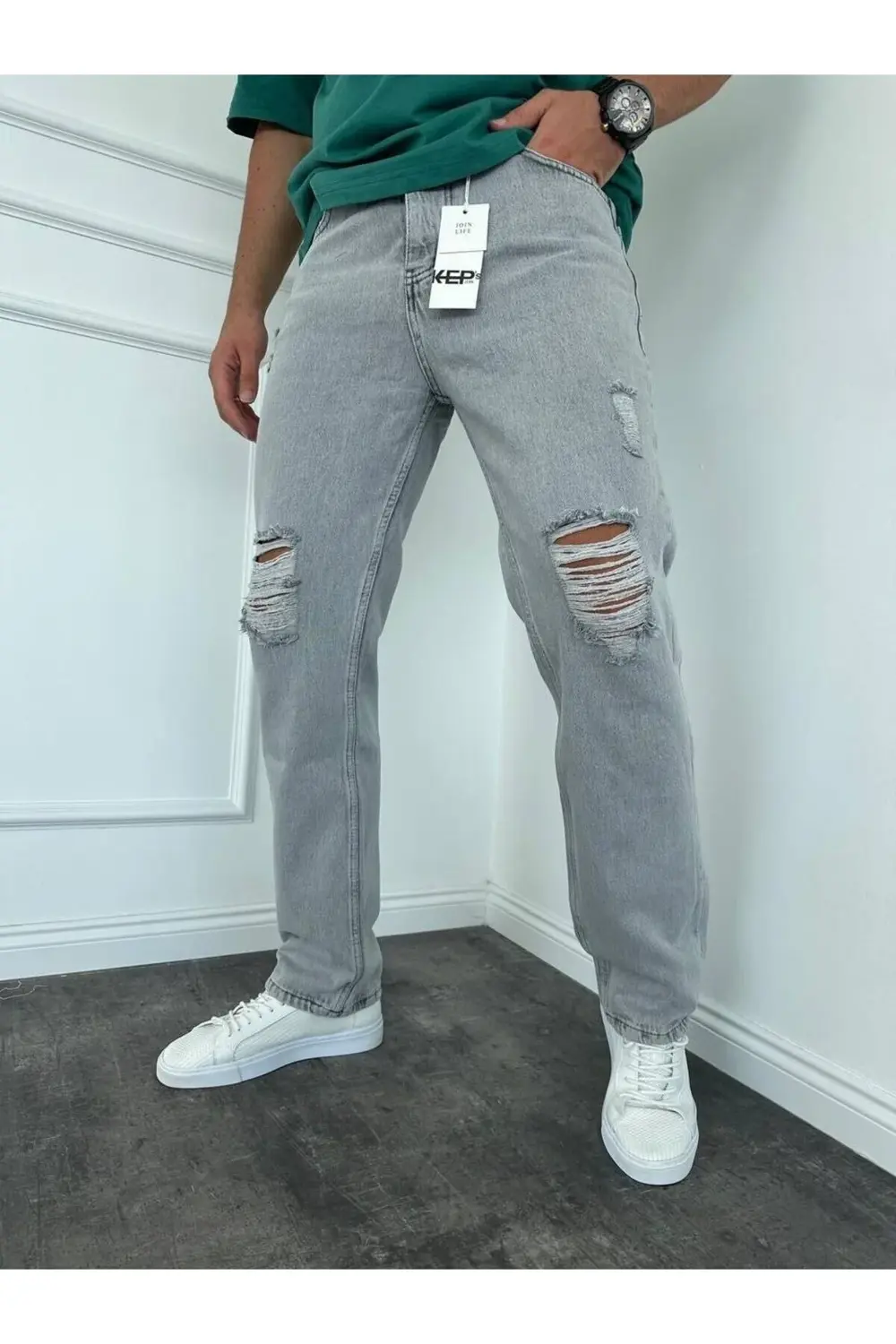 Diz Yırtık Detay Baggy Pantolon