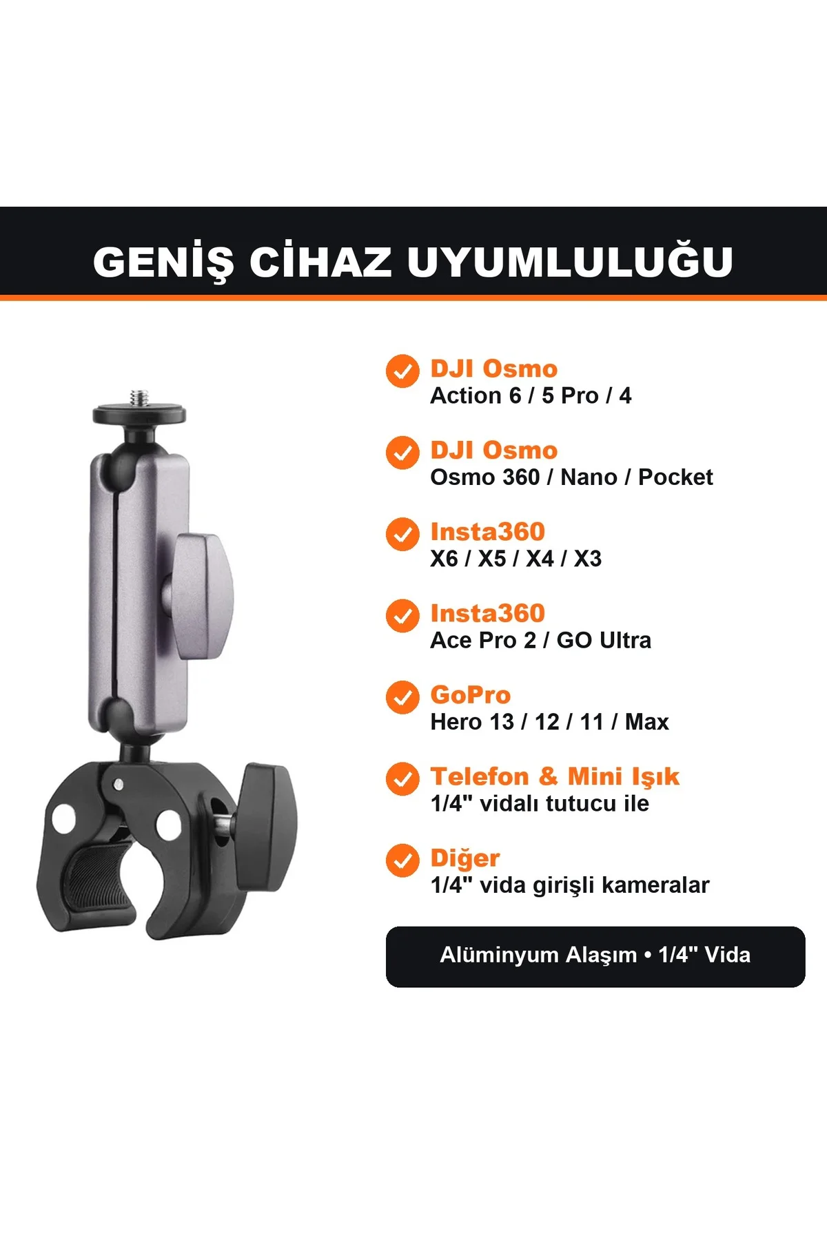 DJI Osmo Action 6 Osmo 360 Insta360 X6 X5 Uyumlu Alüminyum 360° Gidon Kelepçesi Bisiklet Motosiklet Montaj - Görsel 3