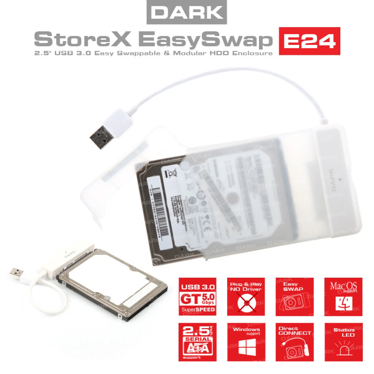 DK-AC-DSE24U3 USB 3.0 2.5" Plastik Kolay Montaj Disk Kutusu