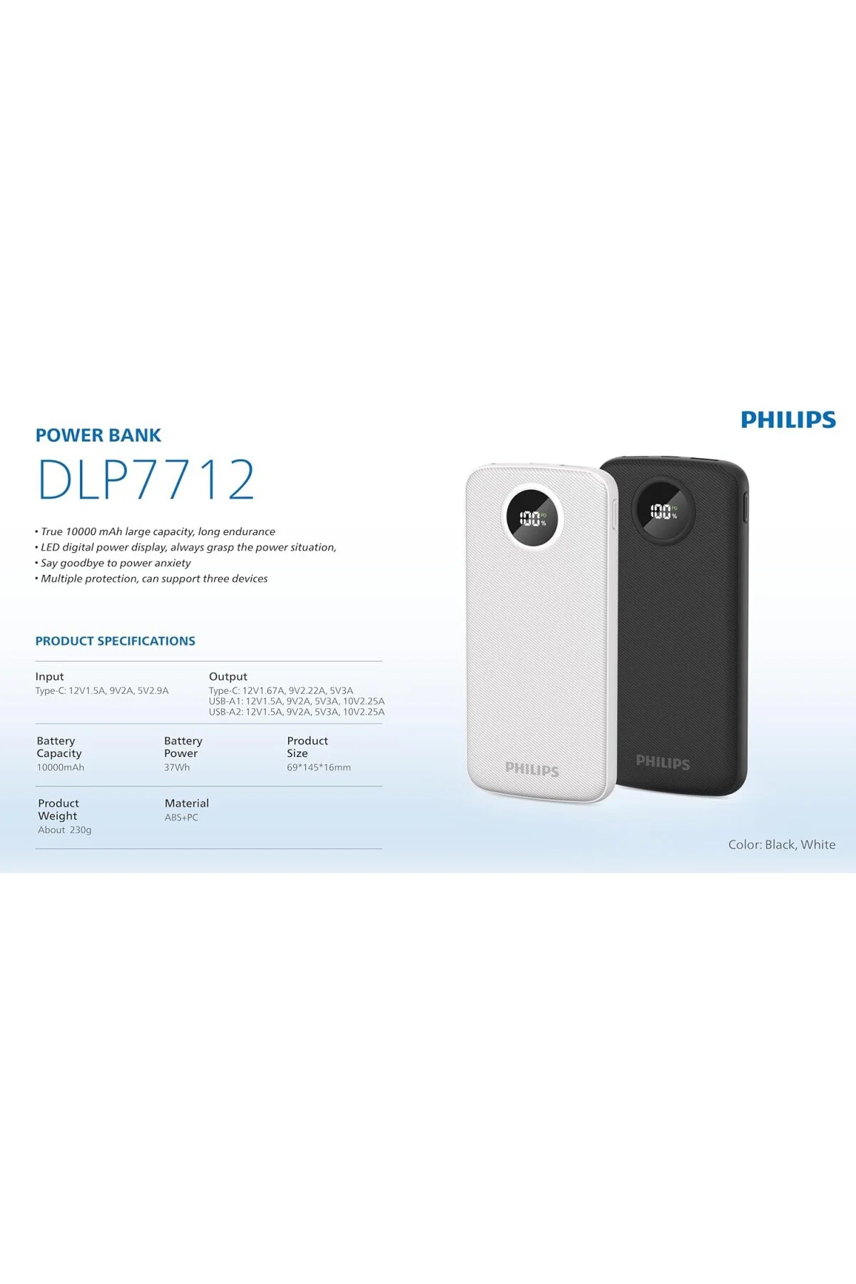 DLP7712 PowerBank 10000 mAh 3.7V Taşınabilir Şarj Cihazı, 3 Port,