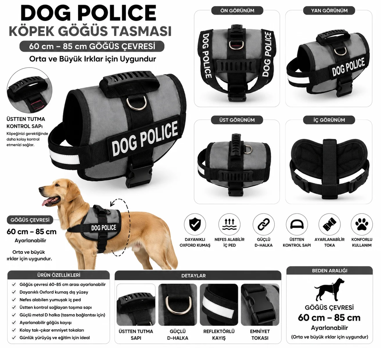 Dog Police Ayarlanabilir Köpek Göğüs Tasması Gri - Siyah (60-85 cm)