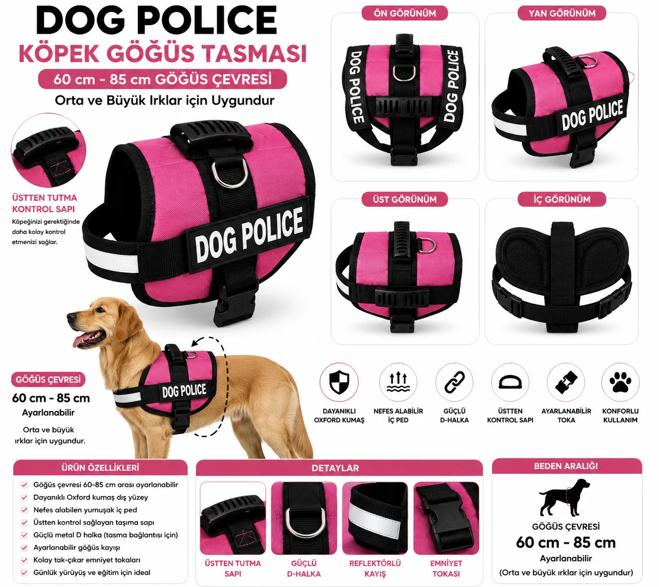 Dog Police Ayarlanabilir Köpek Göğüs Tasması Pembe - Siyah (60-85 cm)