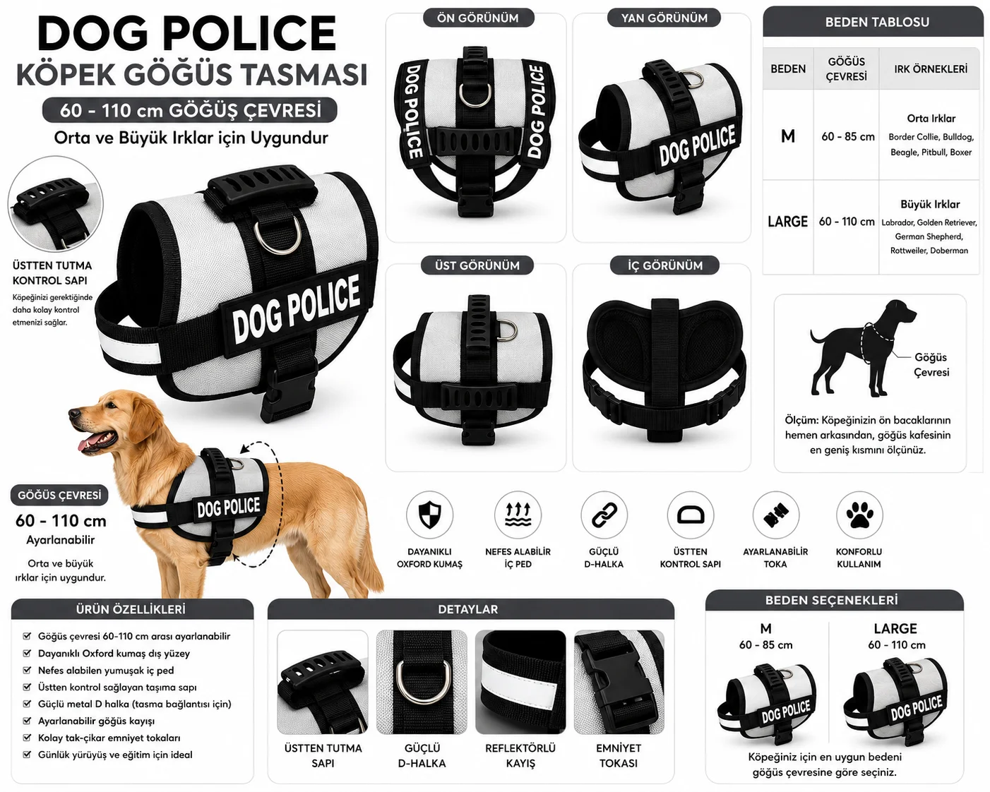 Dog Police Ayarlanabilir Köpek Göğüs Tasması Bej - Siyah (60-110 cm)