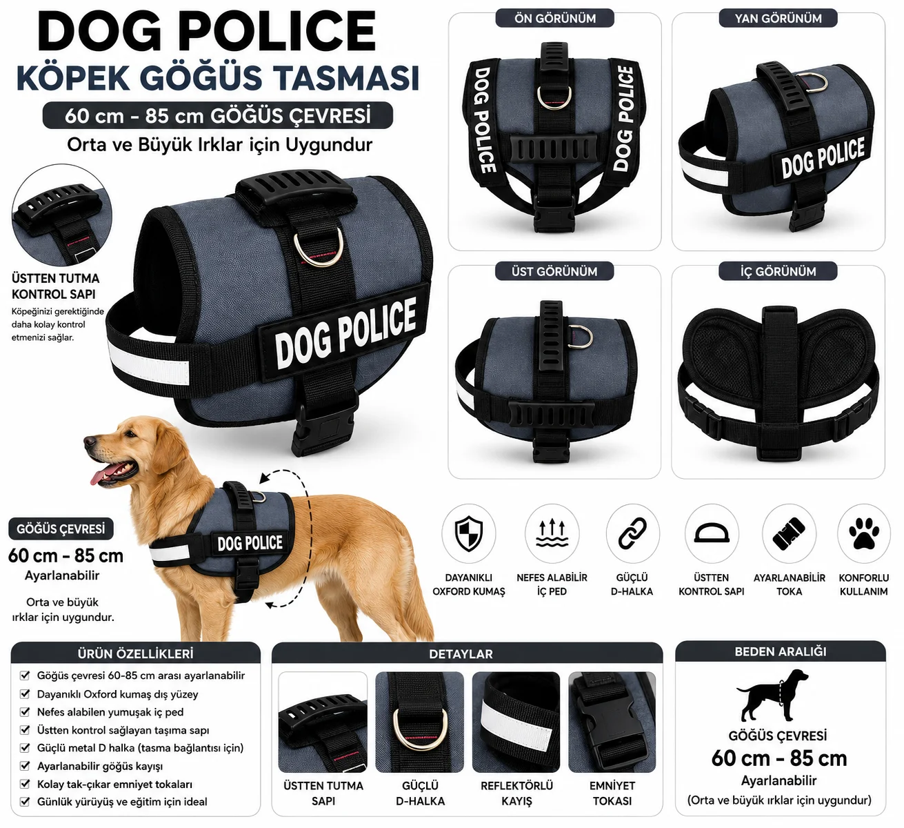 Dog Police Ayarlanabilir Köpek Göğüs Tasması Füme Gri - Siyah (60-85 cm)