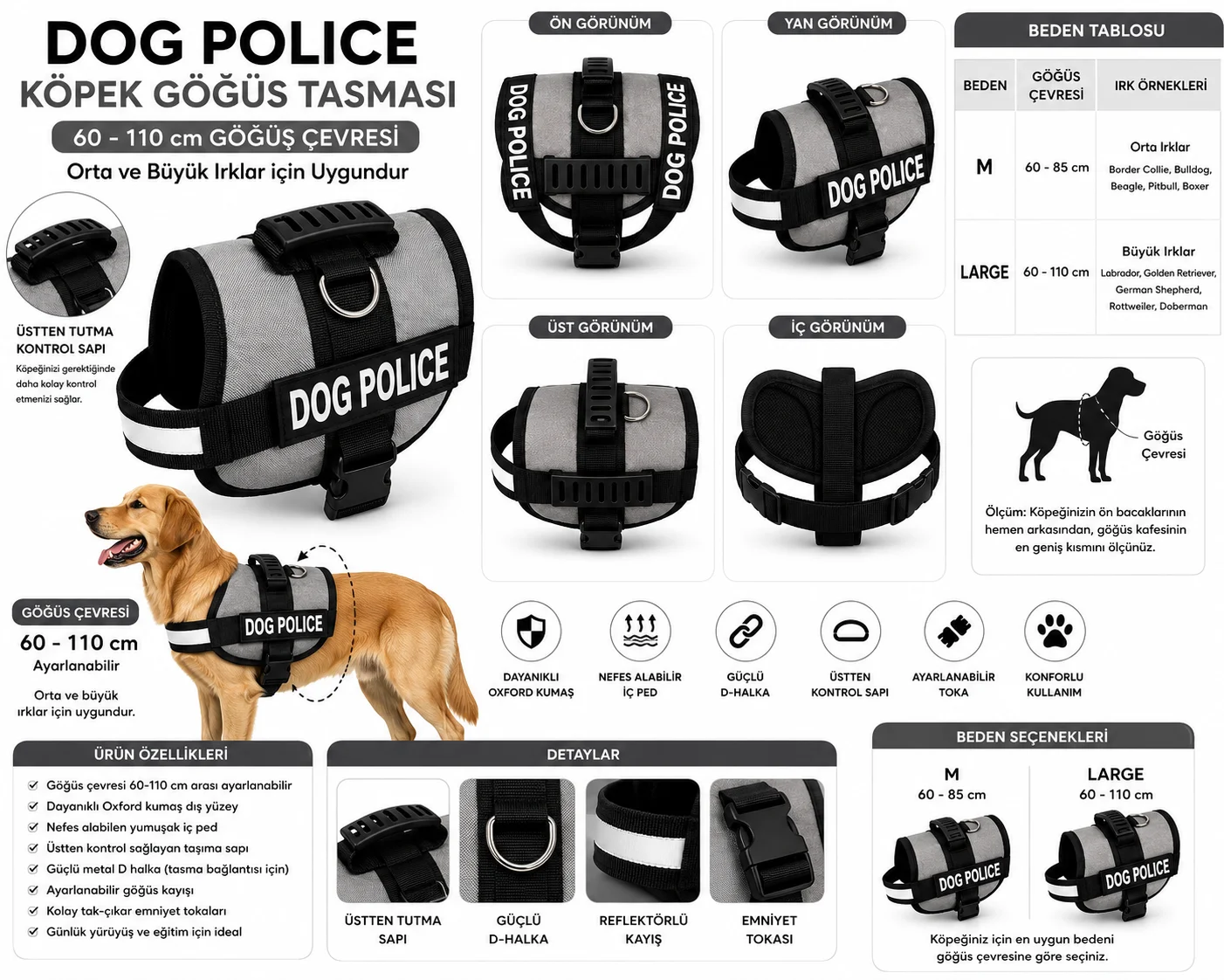 Dog Police Ayarlanabilir Köpek Göğüs Tasması Gri- Siyah (60-110 cm)