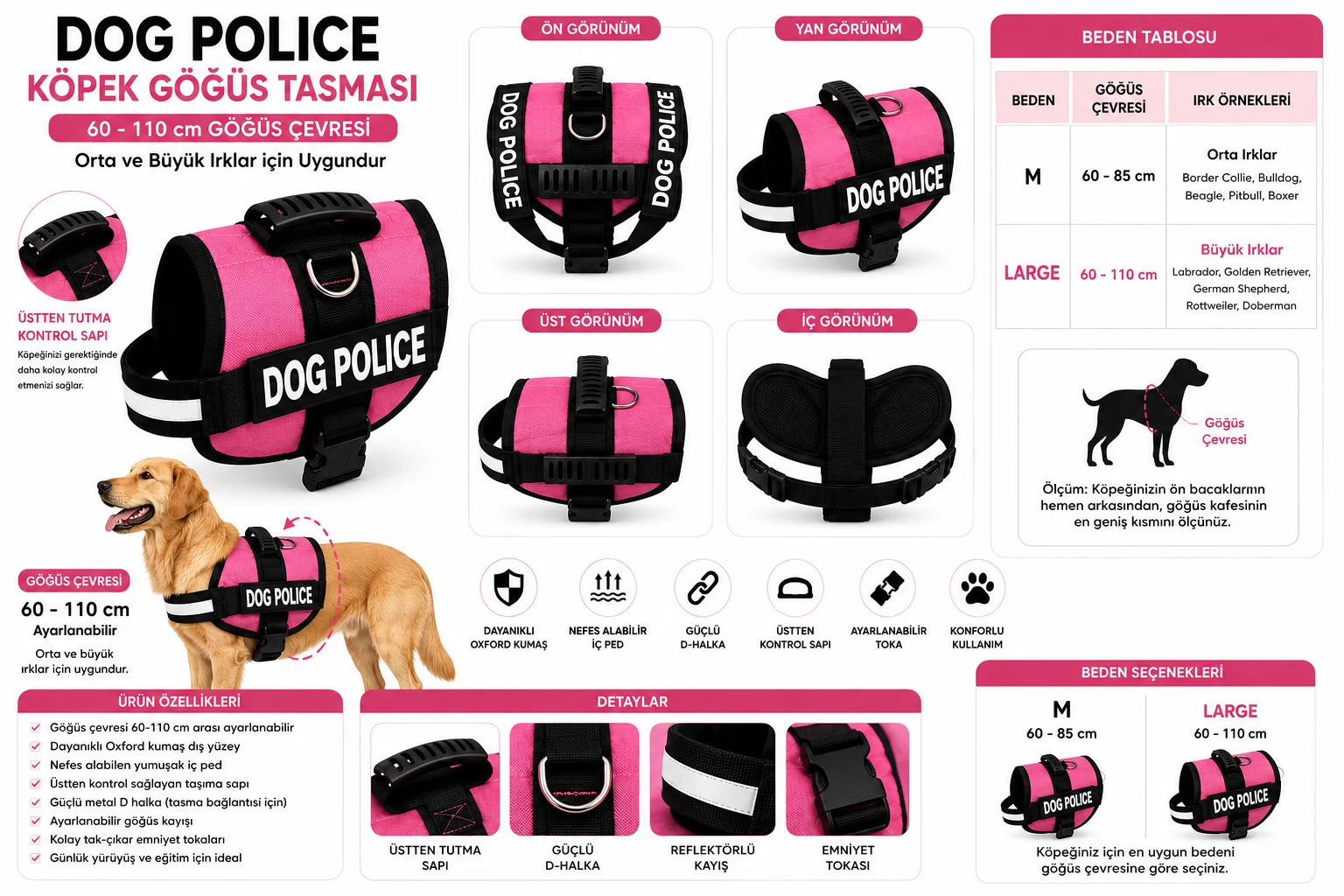Dog Police Ayarlanabilir Köpek Göğüs Tasması Pembe - Siyah (60-110 cm)