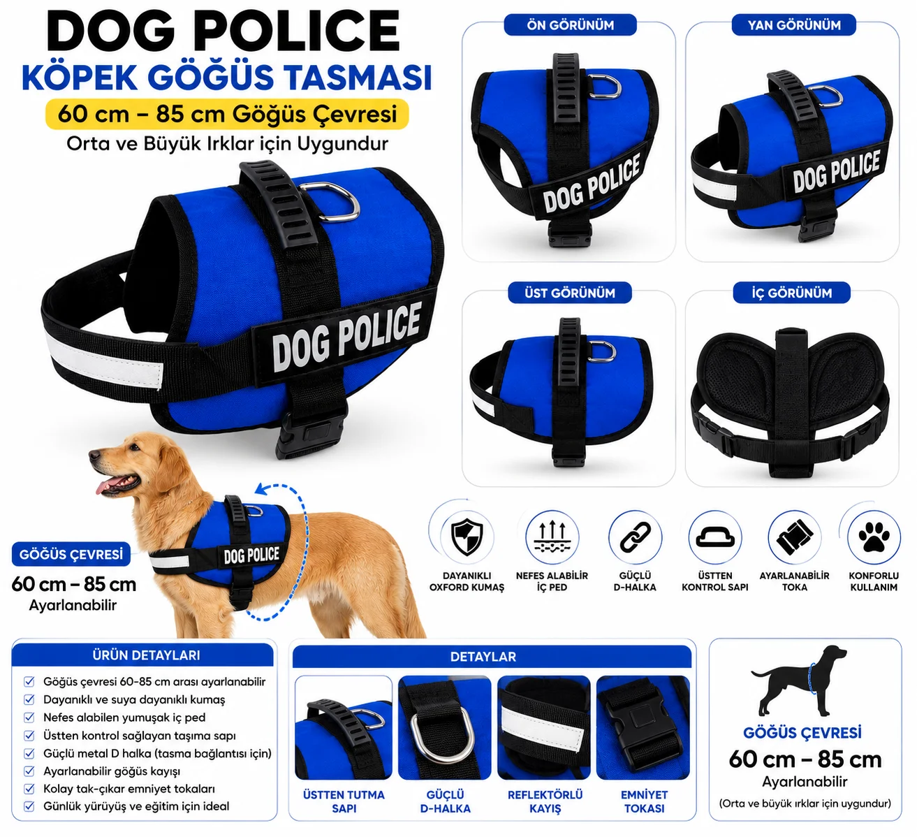 Dog Police Ayarlanabilir Köpek Göğüs Tasması Mavi-Siyah (60-85 cm)