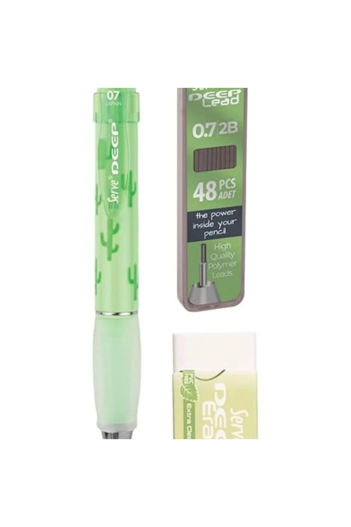 Doğa Desenli Deep Kalem, Deep Silgi ve Deep Min, 0.7 mm, Elma Yeşili