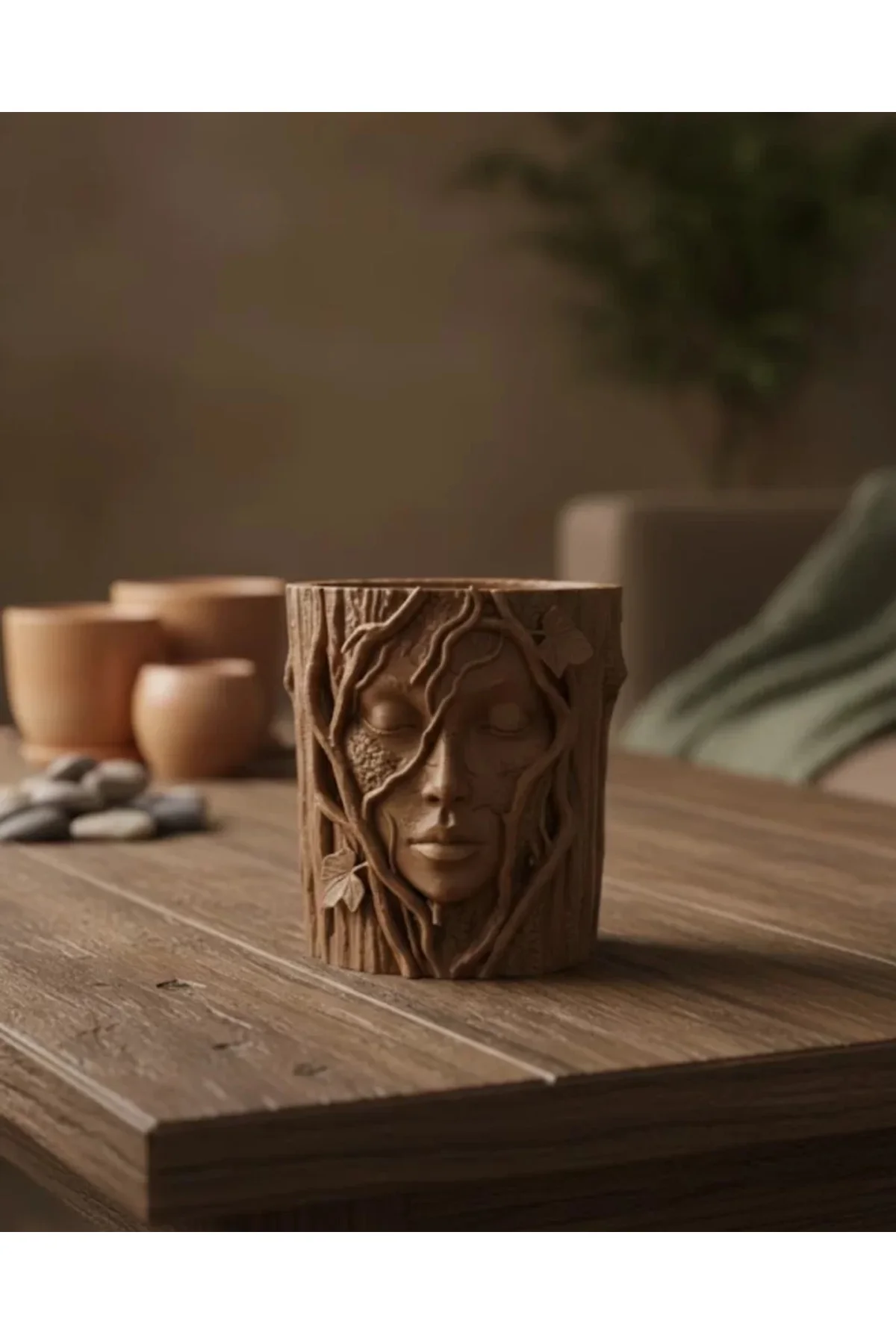Doğa Temalı Yüz Detaylı Dekoratif Vazo 3d Ağaç Desenli Şık Saksı