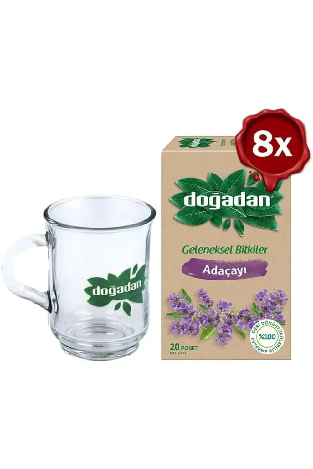 Doğadan Adaçayı Bitki Çayı 20' li x 8 ve Doğadan Cam Bardak Hediy