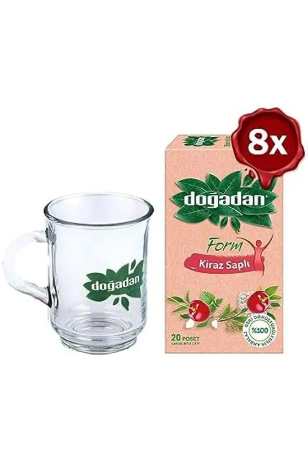 Doğadan Form Çay Kiraz Saplı 20'li x 8 ve Doğadan Cam Bardak Hedi