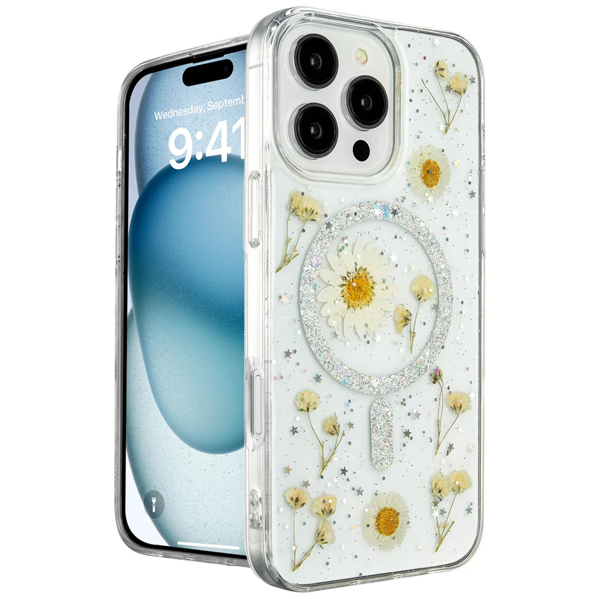 Doğadan İlhamlanan Daisy Simli Magsafe Kılıf - iPhone 16 Pro Gümüş