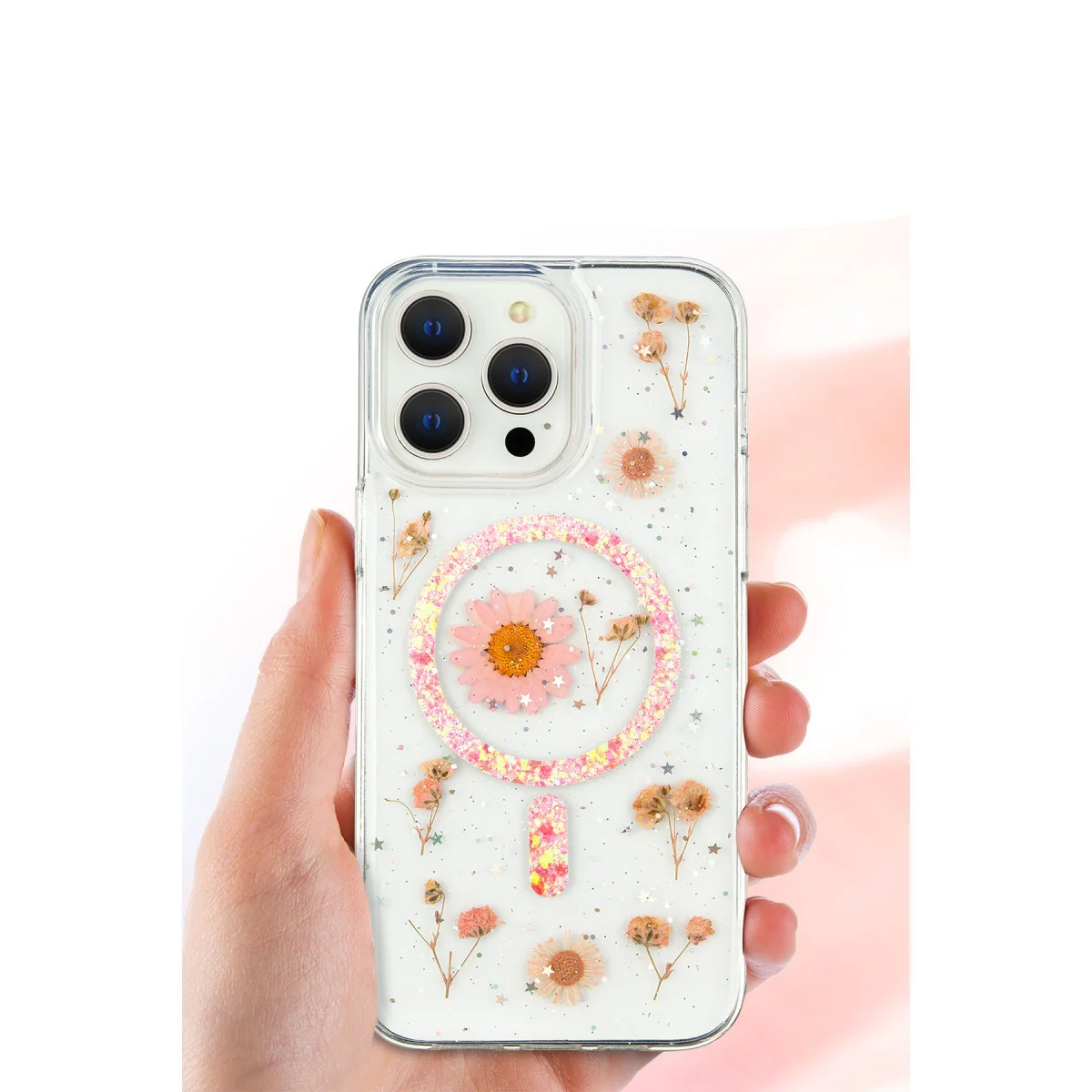 Doğadan İlhamlanan Daisy Simli Magsafe Kılıf - iPhone 16 Pro Gümüş