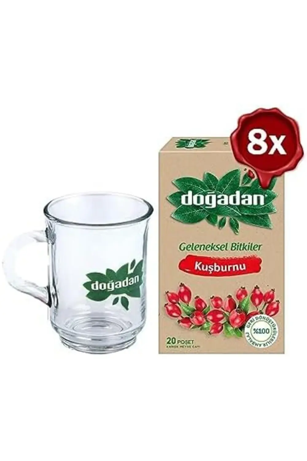 Doğadan Kuşburnu Çayı 20'li x 8 ve Doğadan Cam Bardak Hediyeli 11