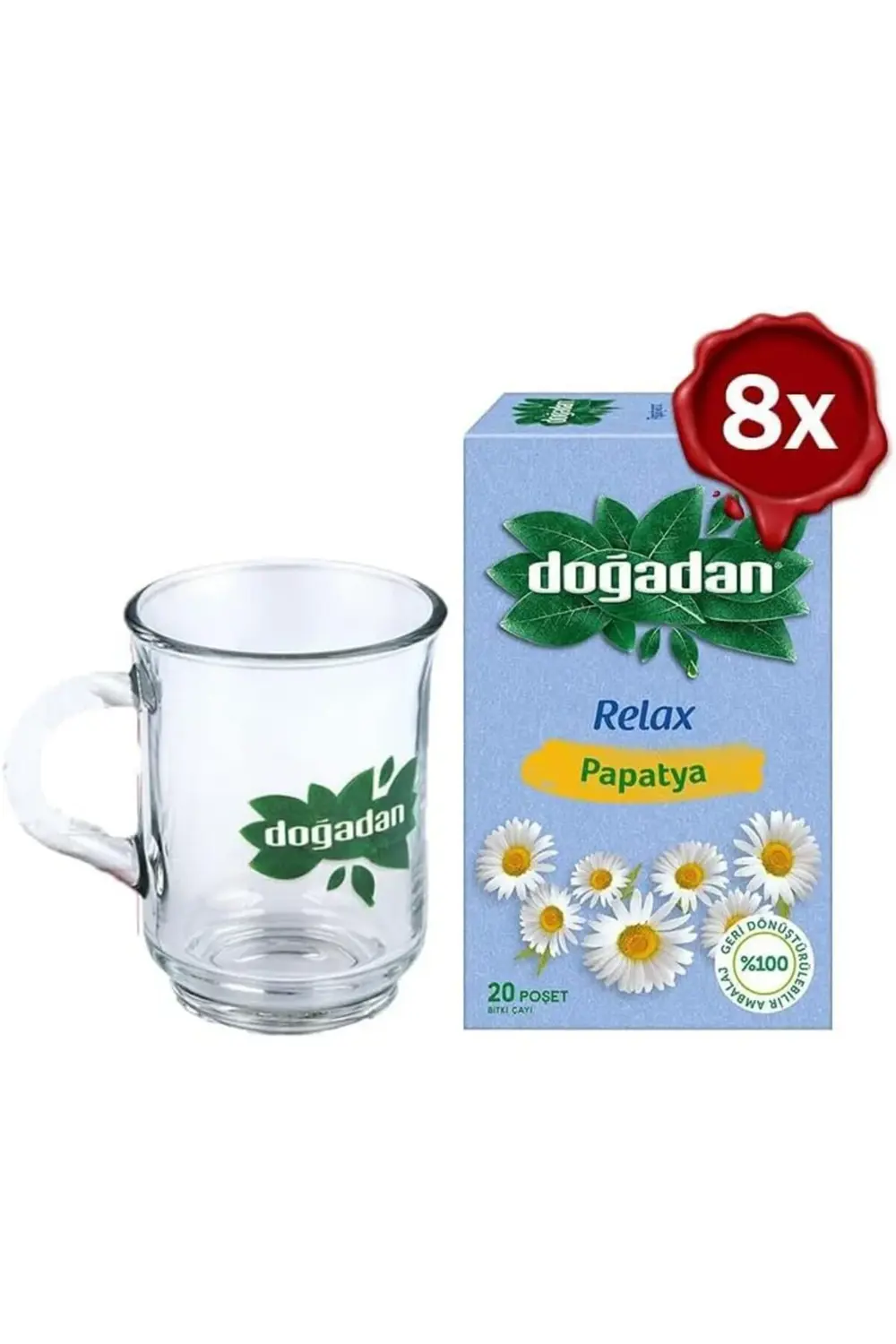 Doğadan Papatya Bitki Çayı 20' li x 8 ve Doğadan Cam Bardak Hediy