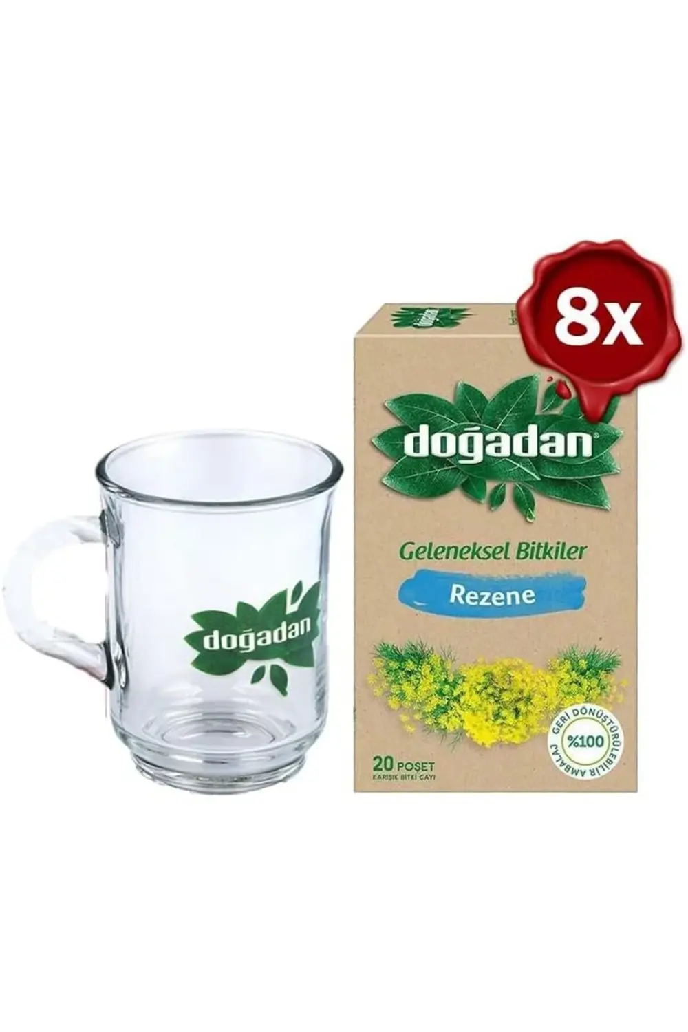 Doğadan Rezene Bitki Çayı 20' li x 8 ve Doğadan Cam Bardak Hediye