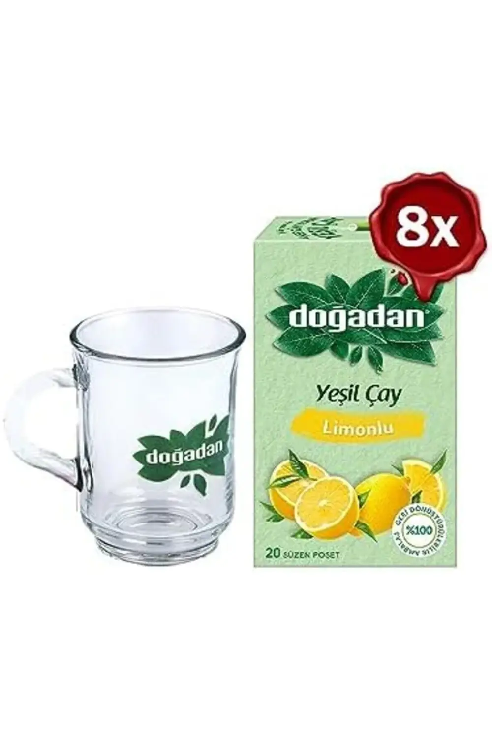 Doğadan Yeşil Çay Limonlu 20'li x 8 ve Doğadan Cam Bardak Hediyel