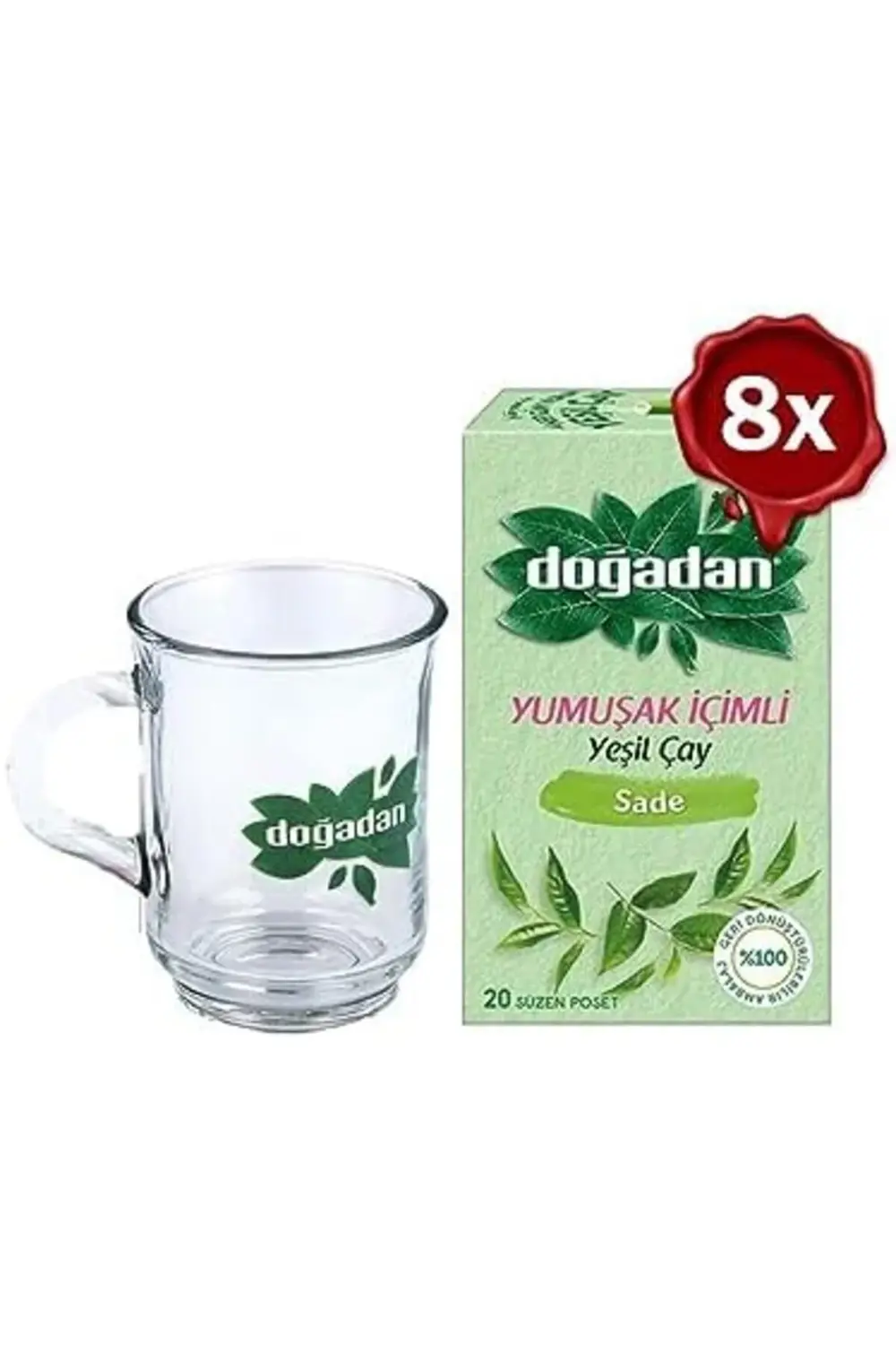 Doğadan Yeşil Çay Yumuşak İçimli 20'li x 8 ve Doğadan Cam Bardak