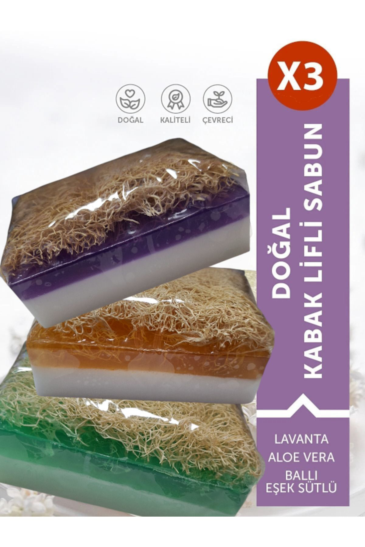 Doğal 3 Lü Kabak Lifli Aloe Vera - Lavantalı - Ballı Eşek Sütlü S